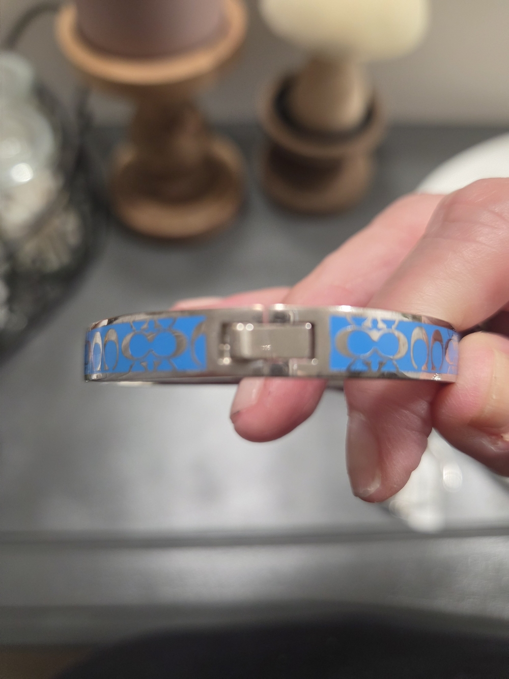 Coach Silver Tone Bangle with Bright Blue Enamel Signature Pattern